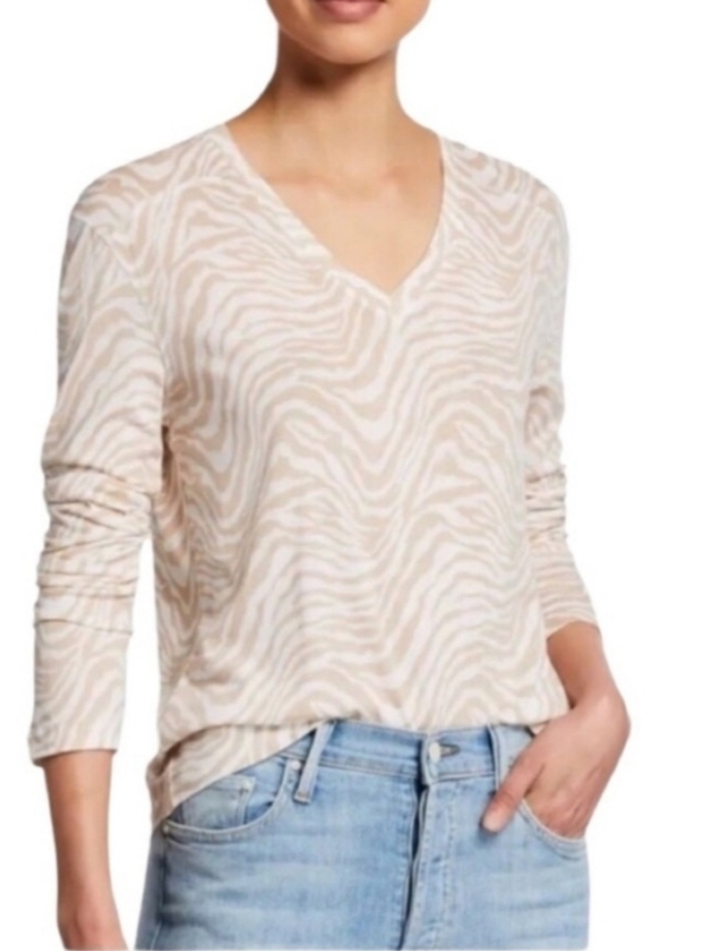 Rails Womens sz S The Sami Long Sleeve V-Neck T-Shirt Tan Abstract Tiger Print